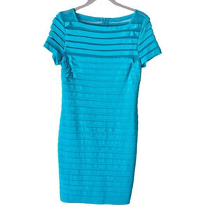 ADRIANNA Papell Stretchy Ribbed Square Neck Sheath Dress in Turquoise 10